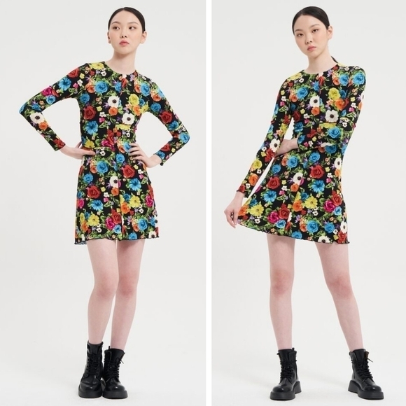 New! Alice + Olivia Delora Floral Midi Dress Flower Garden - Picture 1 of 16